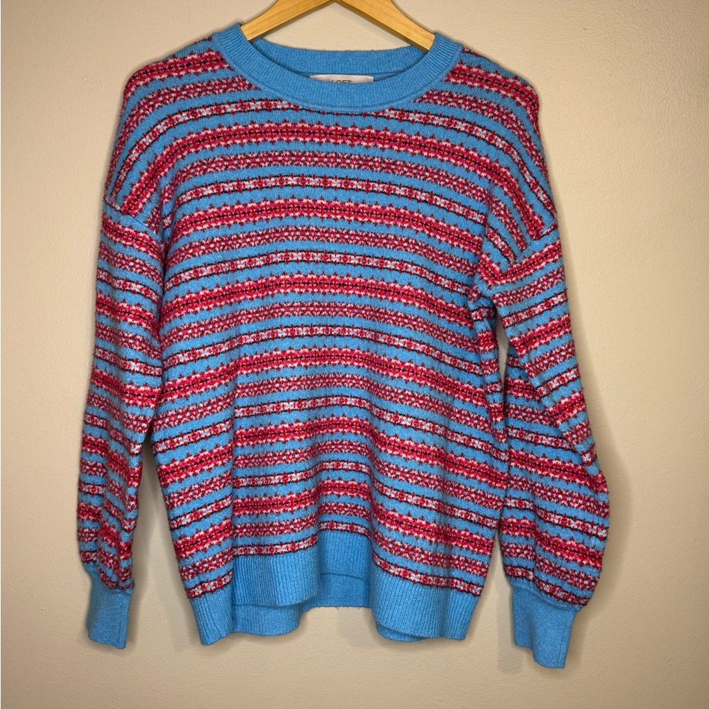 LOFT Striped Knit Sweater Blue Red Fair Isle‎ Crewneck Size M